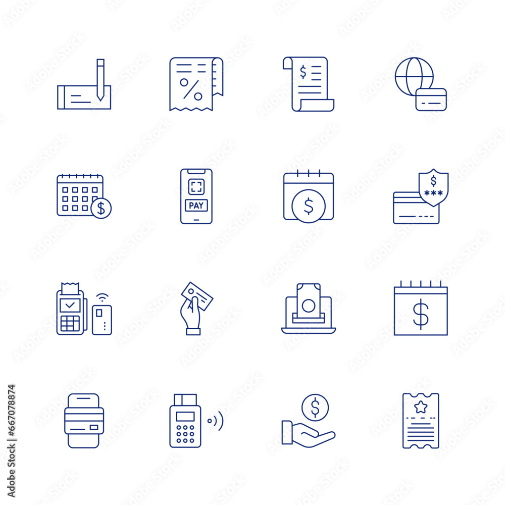 Payment line icon set on transparent background with editable stroke. Containing bank, bill, calendar, cashless, contactless, credit card, edc, invoice, money, online payment.