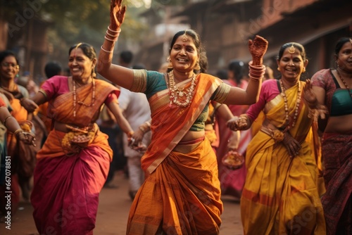 Indian women dancing on the streets in traditional clothes photo