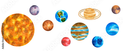Fototapeta Naklejka Na Ścianę i Meble -  Planets of the solar system. Illustration on background of outer space with stars. Planetarium clip art