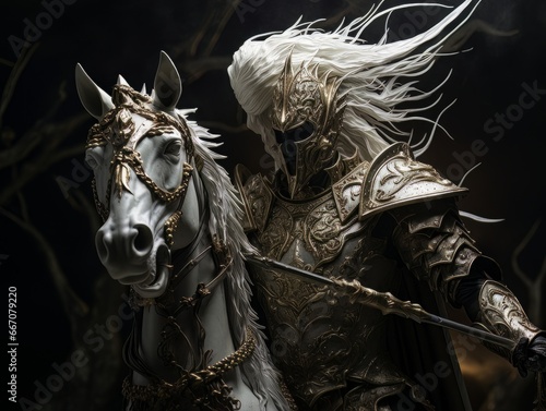 Marble figurine of white horseman of apocalypse in golden armor riding white horse AI © Vitalii But