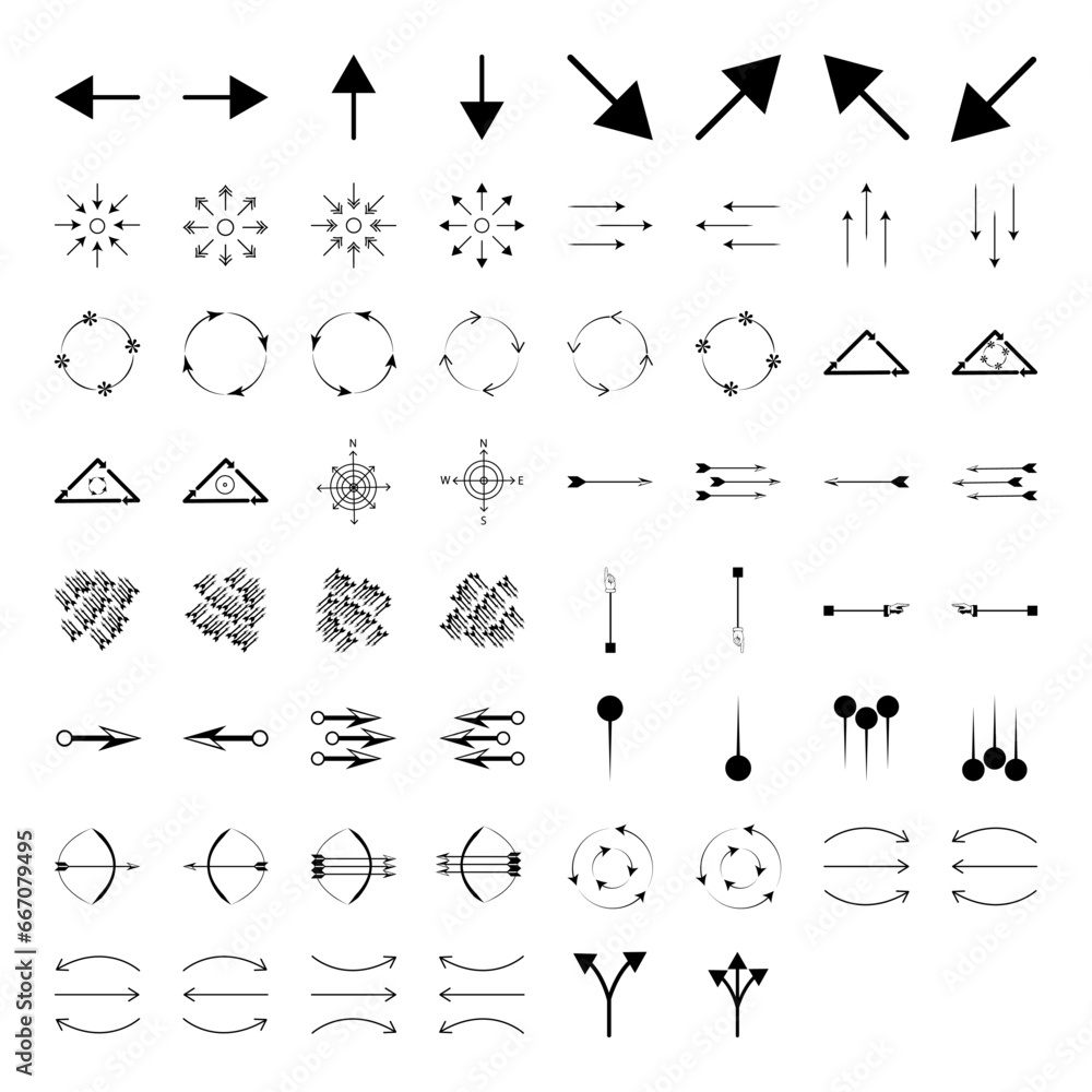 Arrows set. Arrow icon collection. Set different arrows or web design. Arrow flat style isolated on white background - stock vector. - obrazy, fototapety, plakaty 