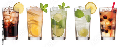 Cocktails. Gin, tonic, lemonade, limeade, grapefruit, orange, soda, mint leaves, cucumber, and spicy herbs in wine glasses isolated on transparent background. Cocktail bash in the summer.