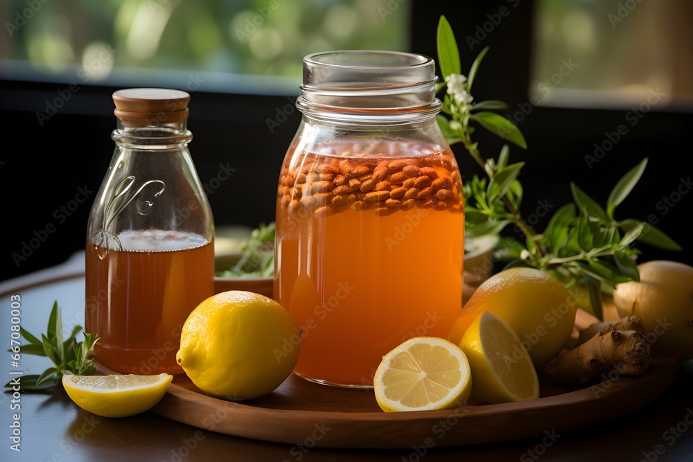 Homemade probiotic-rich kombucha in a bottle served with lemon Homemade probiotic-rich kombucha in a bottle served with lemon