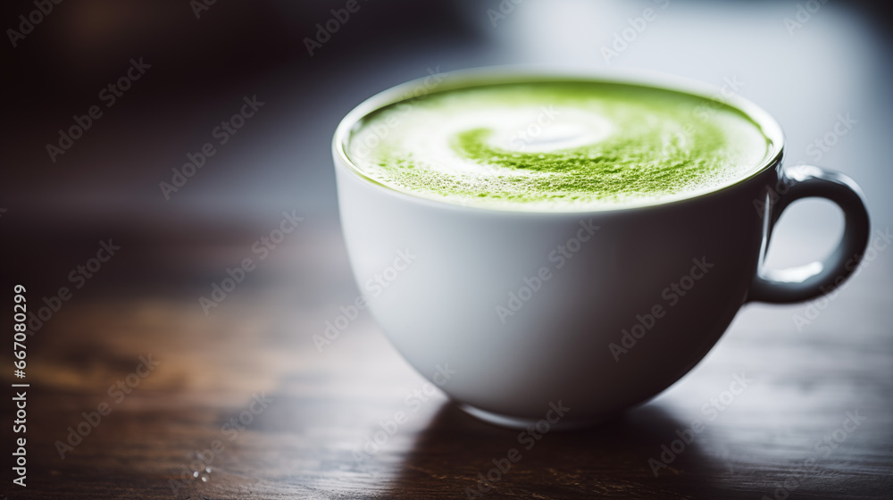 A close-up photo of cup of hot matcha green tea on a wooden table wiith natural lighting A close-up photo of cup of hot matcha green tea on a wooden table wiith natural lighting