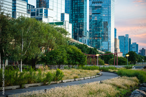 View of the buildings and Hudson River Park at the West side of New York City, United States. © FornStudio