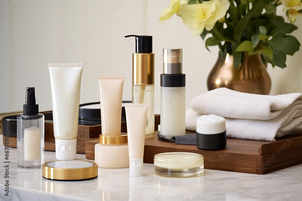 Cosmetic packaging containers for skincare on store shelf, skin care set for daily routine. Beauty product mock-up. Set of unbranded bottles and tubes for design packaging. Beauty and spa concept Cosmetic packaging containers for skincare on store shelf, skin care set for daily routine. Beauty product mock-up. Set of unbranded bottles and tubes for design packaging. Beauty and spa concept
