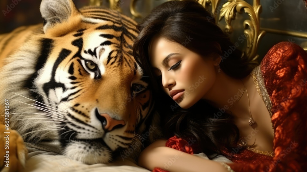Luxury Woman Lounging Fearlessly Alongside a Majestic Tiger, Symbolizing Strength and Opulence - Power and Elegance Luxury Woman Lounging Fearlessly Alongside a Majestic Tiger, Symbolizing Strength and Opulence - Power and Elegance
