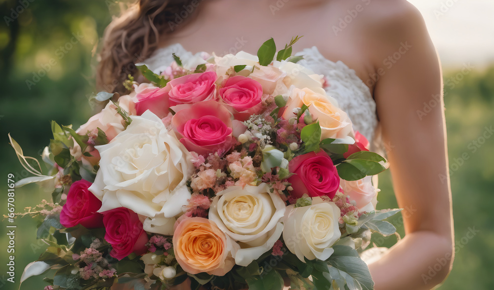 The bride holds a beautiful wedding bouquet of pink and white flowers in her hands The bride holds a beautiful wedding bouquet of pink and white flowers in her hands
