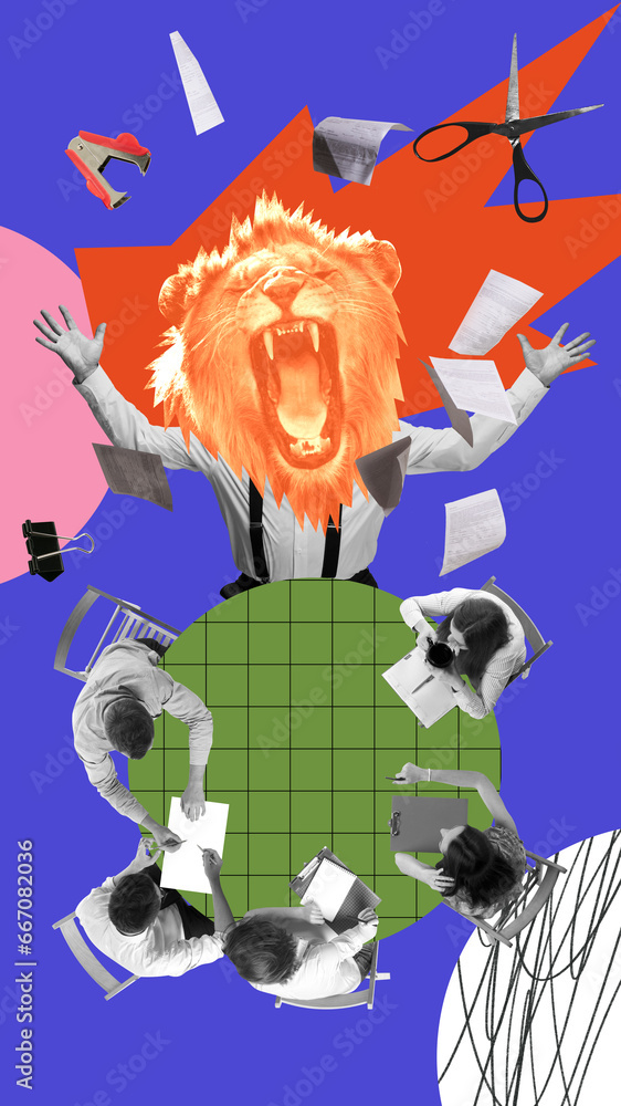Obraz premium Stress. Angry businessman with lion head shouting at employees. Mistakes in projects, irrelevant, bad job. Contemporary art collage. Concept of business, office, employment, success, innovations
