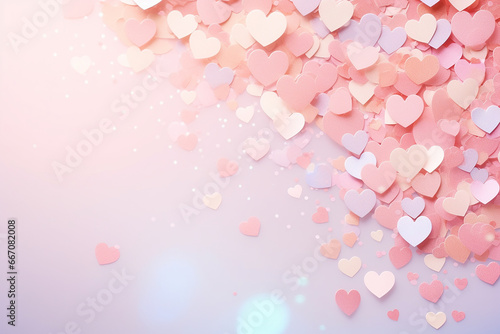 Stylish background for congratulations on Valentine's Day with pink cut out paper hearts and sparkles, empty space for text.