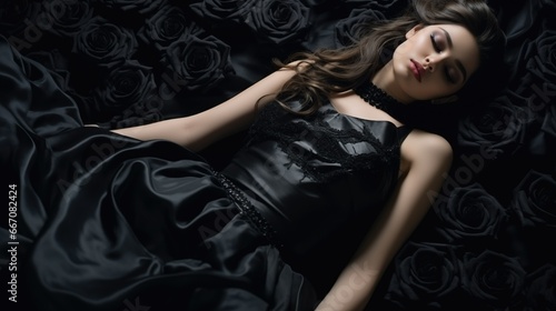 Elegant Luxury Woman Resting on a Pile of Pristine Black Rose - Feminine Beauty and Elegance