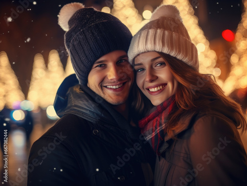 pareja de hombre y mujer jovenes con gorros de lana haciéndose un selfie sobre fondo desenfocado dorado con decoración navideña