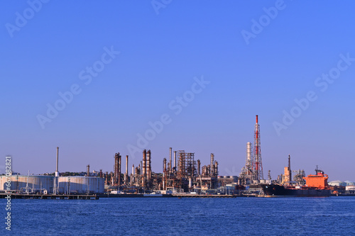 Japan industrial factory area with sunset blue sky background view from Fishing port, Yokohama City Japan