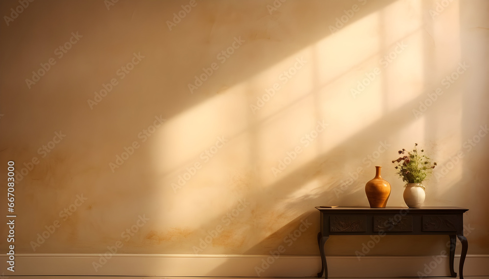 Fototapeta premium Empty room with vintage wall background. Beige color wall backdrop. 