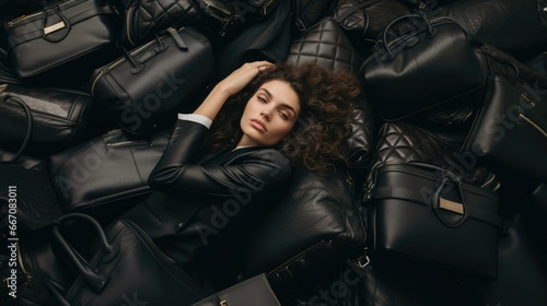 Elegant Woman Reclining on a Stack of High-End Designer Handbags - Fashion and Opulence Concept, Lavish Luxury Lifestyle