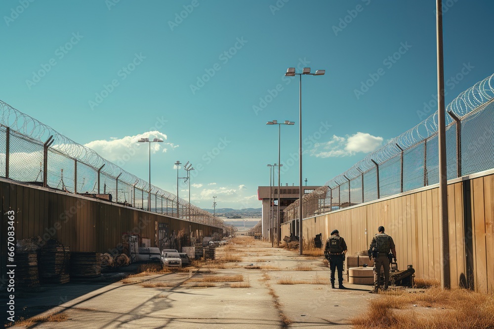 Fenced, guarded border between two countries. The issue of emigration.