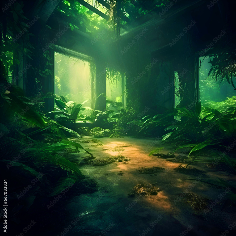 Mysterious dark green forest. Fantasy forest. 3D rendering