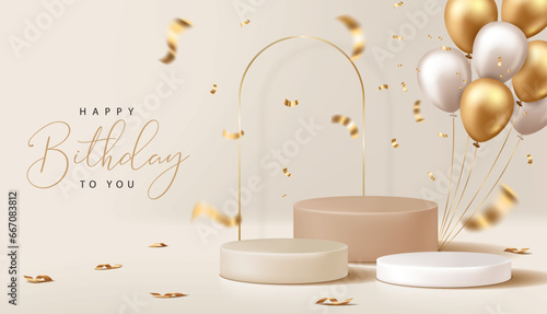 Happy Birthday banner for product demonstration. Beige pedestal or podium with balloons and confetti on beige background.