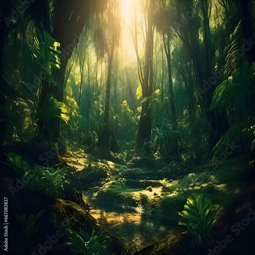 Fantasy tropical forest with stream and sunlight. 3D Rendering