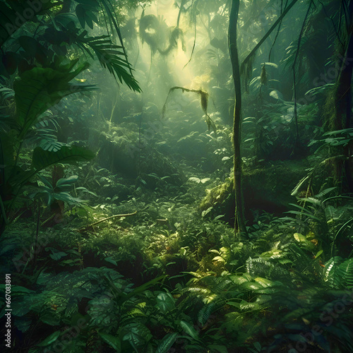 Tropical rainforest with fog and sunlight. Dark tone.