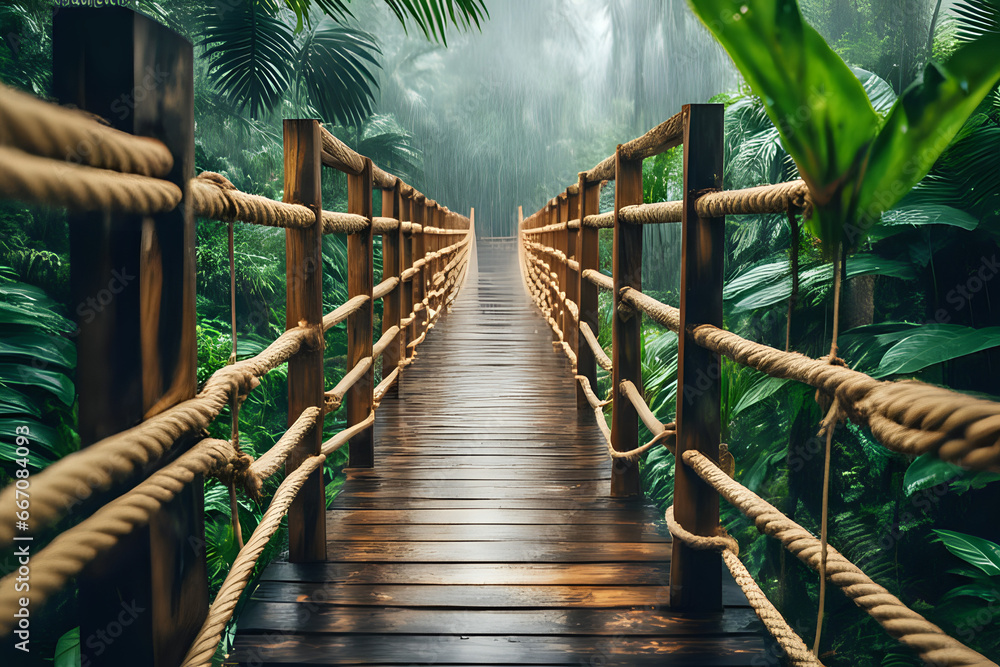 Fototapeta premium Wooden rope bridge in the rainy forest park with tropical plants over the river