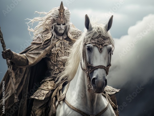 White horseman of apocalypse warrior in golden armor riding white horse AI © Vitalii But