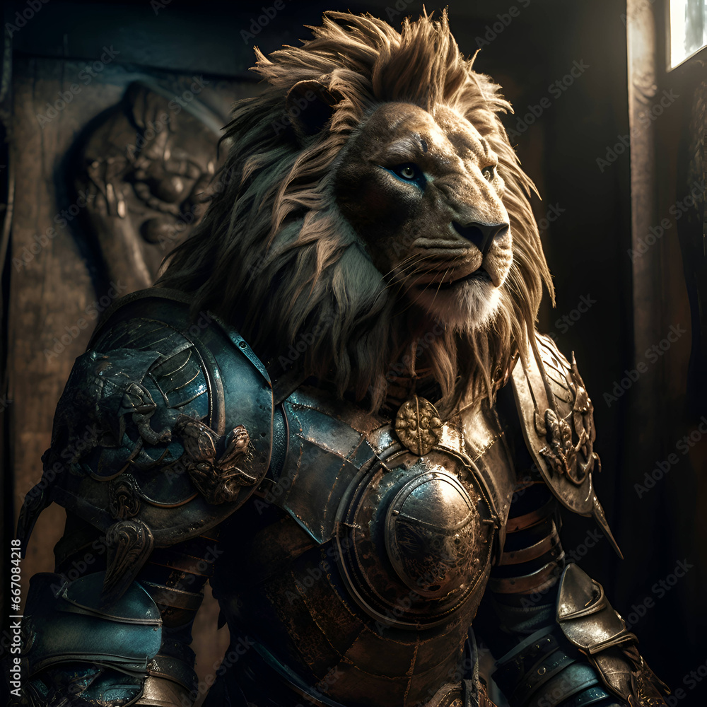 Lion in armor and armor on a dark background. Fantasy.