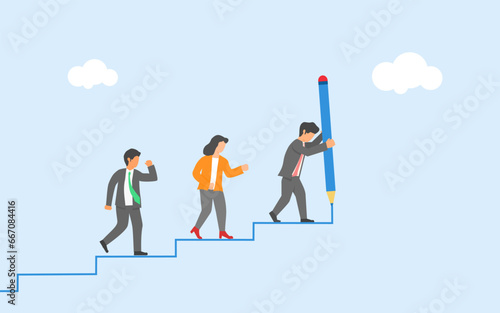 Leader guides the team to reach the target. The leader's expertise brings the team to success. Career improvement. The business leader draws the stairs with a pencil and the others followed