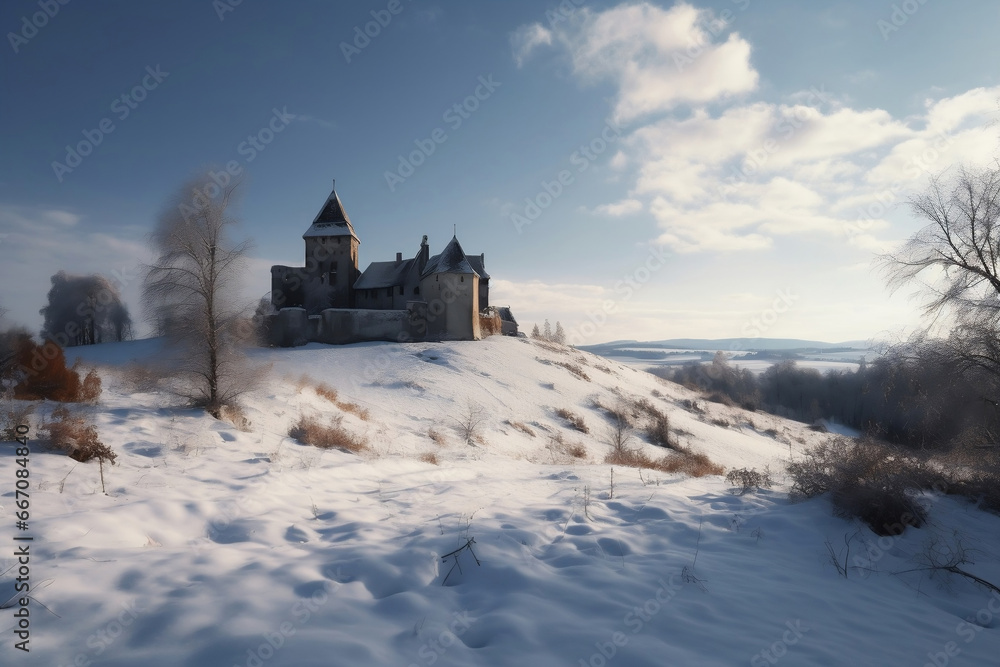 Forgotten medieval castle and small settlement and cold winter generative ai
