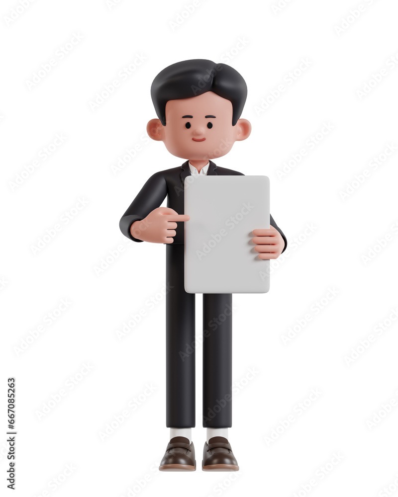 3d Illustration of Cartoon businesswoman pointing at blank white paper 3d Illustration of Cartoon businesswoman pointing at blank white paper