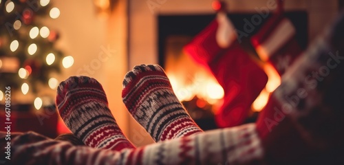 human legs clad in Christmas stockings, toes wiggling in the cozy atmosphere by the fireplace