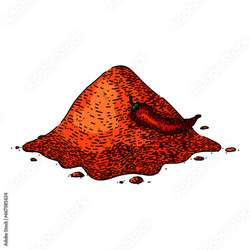 powder paprika hand drawn. chili cayenne, seasoning pile, spicy flavor powder paprika vector sketch. isolated color illustration