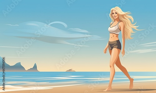 Photo of a woman walking on a beach near the ocean