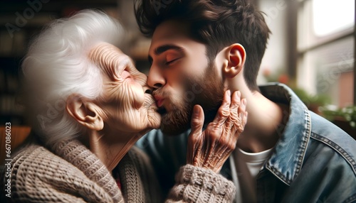Old granny kissing young handsome man, age doesn't matter concept, love and romance background, people template 