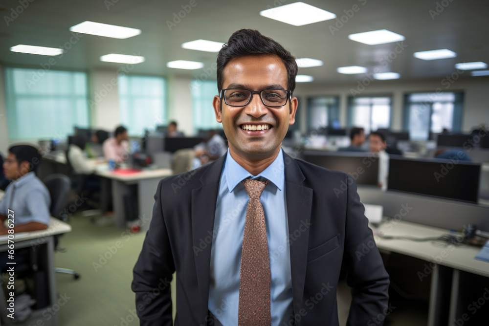 Fototapeta premium happy smiling indian business man looking at camera standing in office