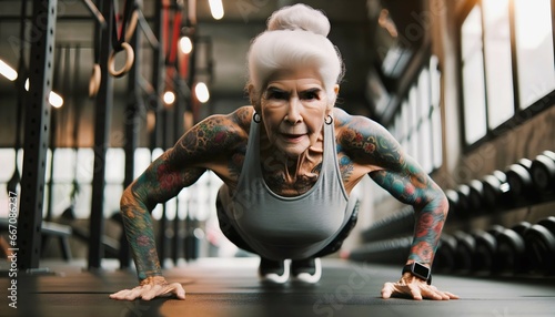 Portrait of elderly grey tattooed woman doing push ups in the gym, active seniors background, healthy lifestyle concept © Karlo