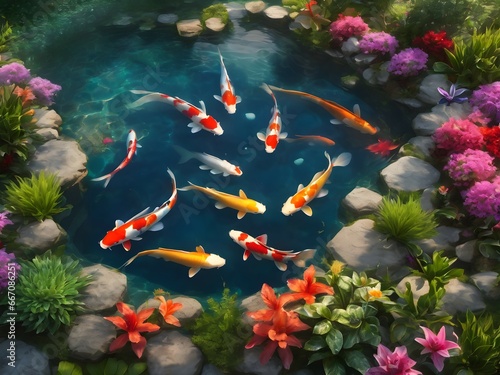 Koi fish in beautiful pool with decorative plants and flowers © adidesigner23