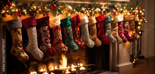 human legs clad in Christmas stockings, toes wiggling in the cozy atmosphere by the fireplace © Daunhijauxx