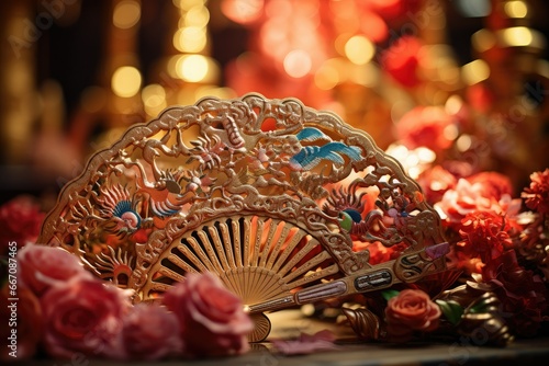 A close-up of a traditional Chinese fan 
