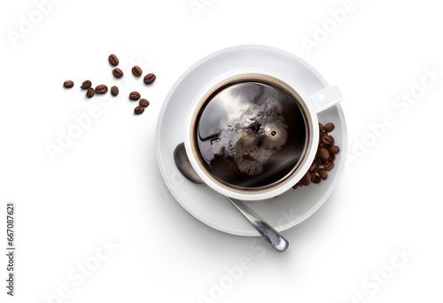 Obraz na płótnie Looking down onto a hot freshly made cup of black coffee in a white cup and saucer with silver spoon and coffee beans isolated against a transparent background. w salonie
