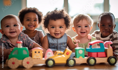 multicultural daycare center with African American toddler babies. Group of workers with babies in nursery or kindergarten playful. photo