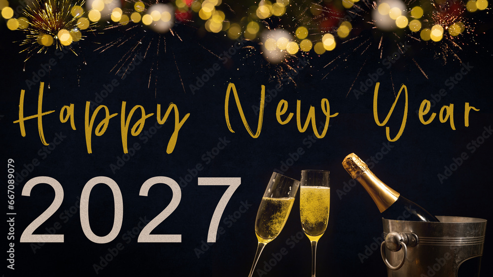 HAPPY NEW YEAR 2027 celebration holiday greeting card background with text - Champagne or sparkling wine bottle, bucket and clinking glasses, firework and bokeh lights in the night - obrazy, fototapety, plakaty 