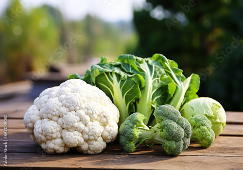 Fresh cauliflower, cabbage and broccoli on a wooden table, in the field. Healthy food concept. AI generated photo