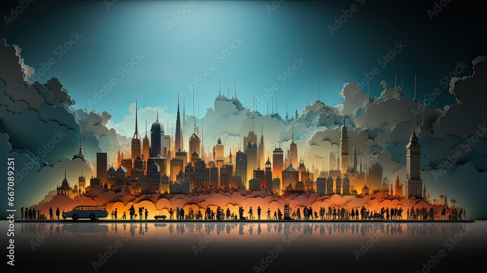 City with tall buildings, fire and smoky clouds on blue background