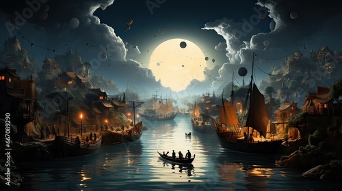 Fantasy landscape with old ship and full moon