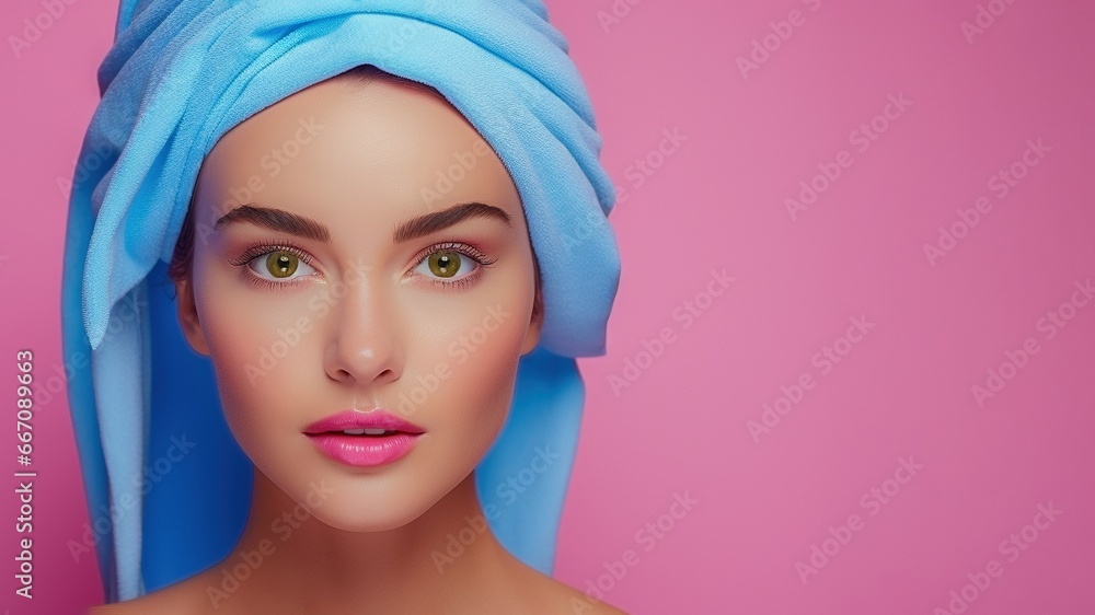 Portrait of a woman with her head wrapped with a blue towel on a pink background Portrait of a woman with her head wrapped with a blue towel on a pink background