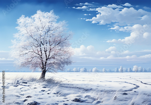 White tree isolated in cold winter landscape with lots of snow. AI generated © Alicina