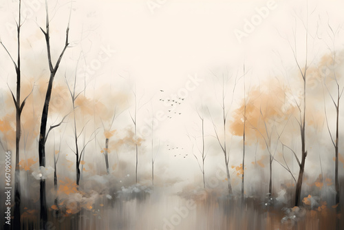 Wallpaper Mural watercolor drawing forest landscape of dry trees in autumn with birds and fog background Torontodigital.ca