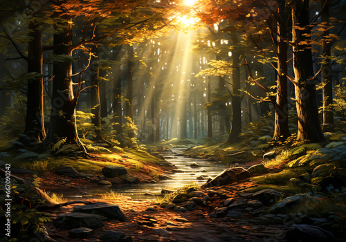 Forest in the morning with rays of light passing through the trees. Scenic landscape. Environment concept. AI generated