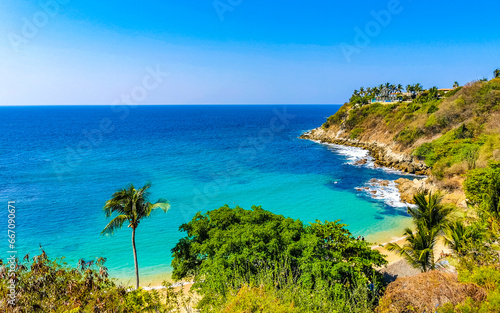 Beach sand blue turquoise water waves panorama Carrizalillo Puerto Escondido. © arkadijschell